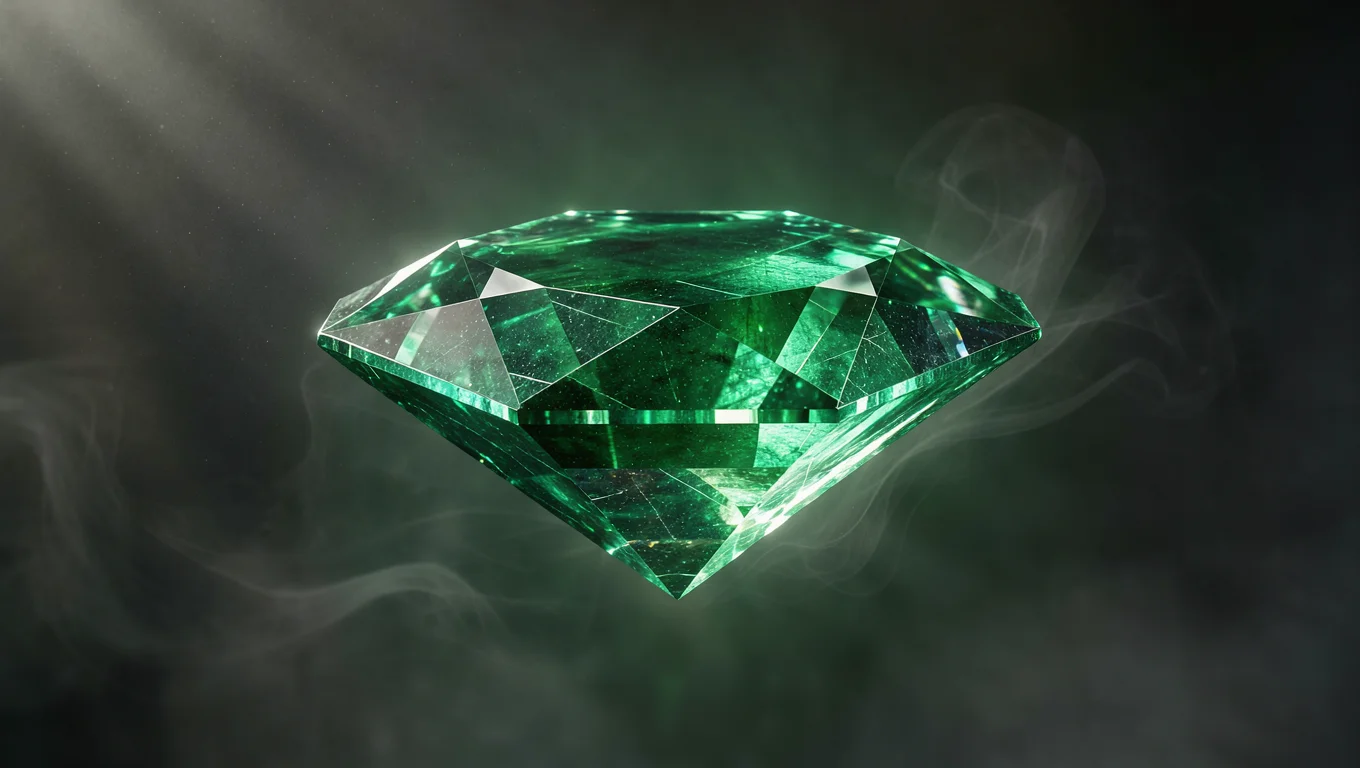 Luminous Emerald Crystal in Volumetric Mist